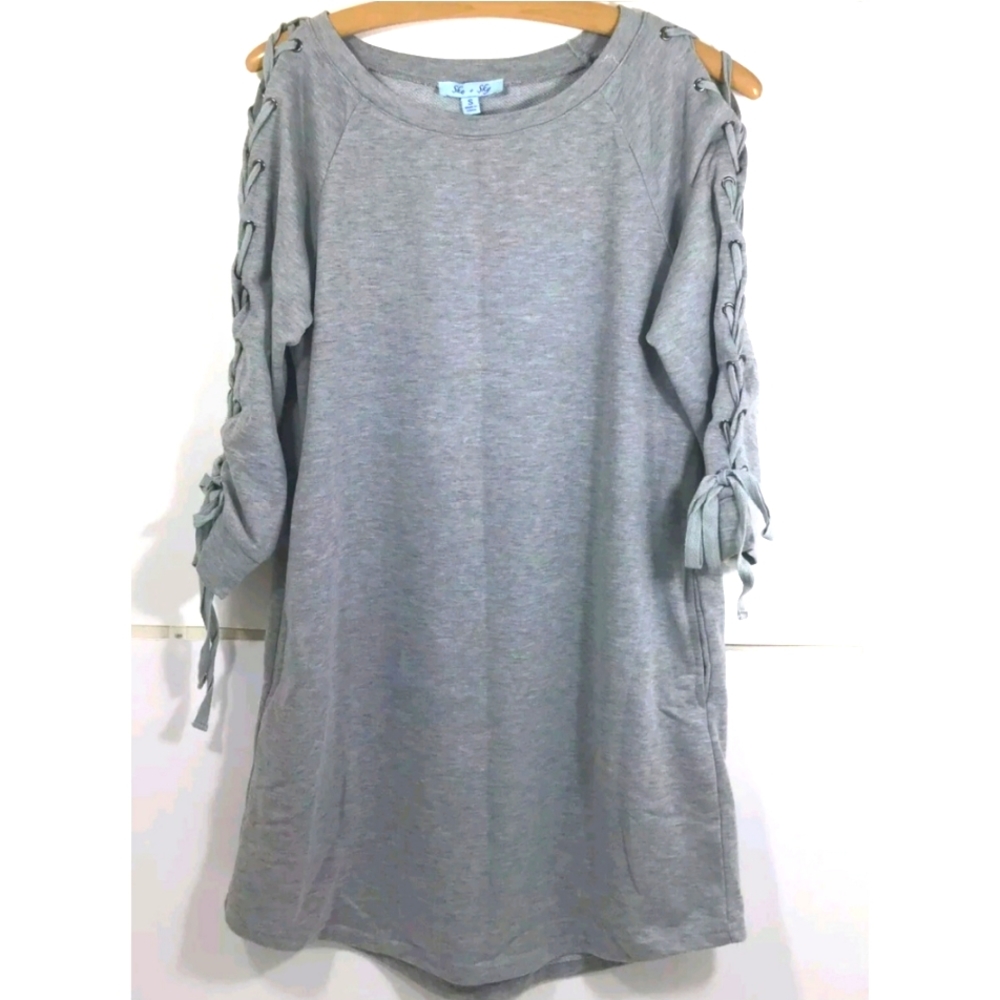 SHE + SKY JERSEY KNIT CUT-OUT/TIE SLEEVES SHIRT TOP DRESS GRAY  SIZE LARGE